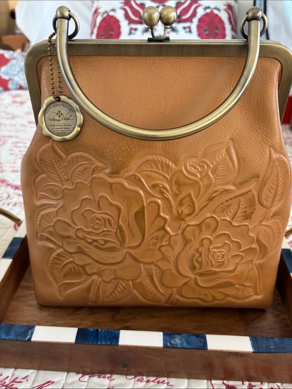 Patricia Nash Novelle Rose Embossed Leather Frame-Top Satchel - Tan